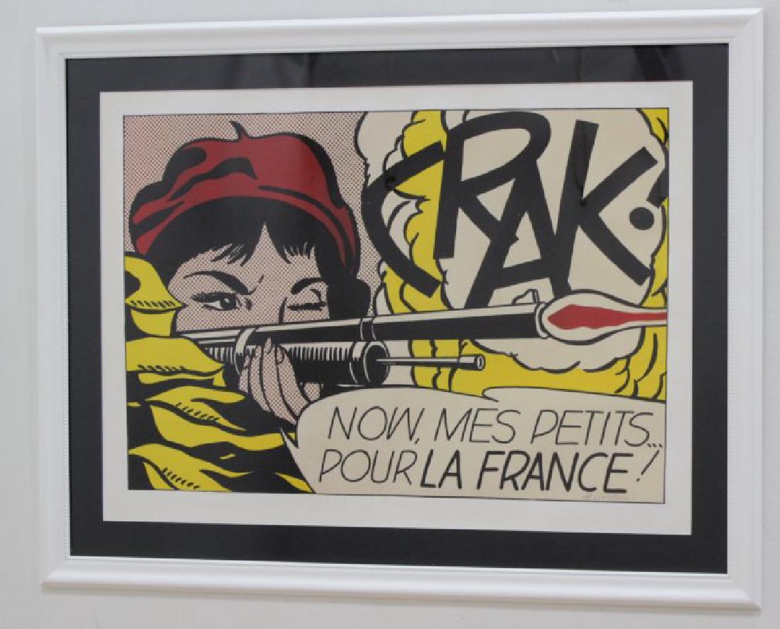 Roy Lichtenstein, "Krak": Signed in plate. Approx. 20 3/4" H x 29" W sight, 28" H x 36" W framed. No guarantee of authenticity or provenance.