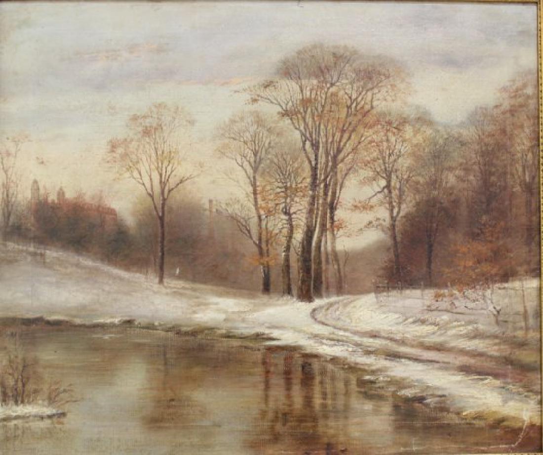 Oil on Canvas, Winter Landscape, Monogrammed SME: Monogrammed lower left SME and dated 191? (last digit not clear) Measures 22" x 26" sight, 28 1/2" x 32 1/2" Framed. (111) Relined and restored.
