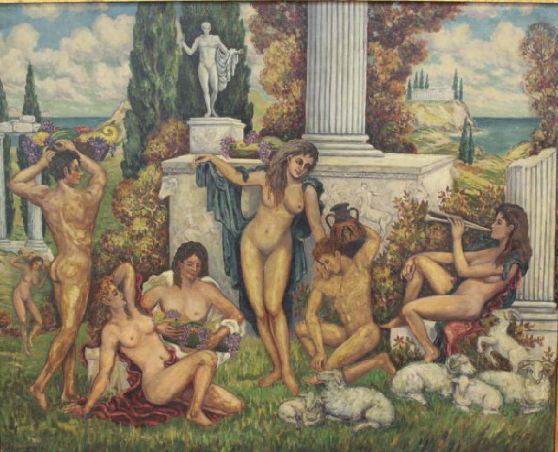 AE Von Strode, WPA Classical Mural on Masonite: Gilt framed. Dated 1935. Approx. 65" H x 70 1/2" W total. (5147)