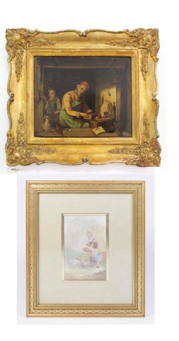 :2 Paintings: Including Father & Child in Workshop, oil on board, gilt framed, continental, 19th century, approx. 6 3/4" H x 8" W image, 10" H x 11 1/4" W framed (5118); and Feeding the Chickens, watercolor, signed