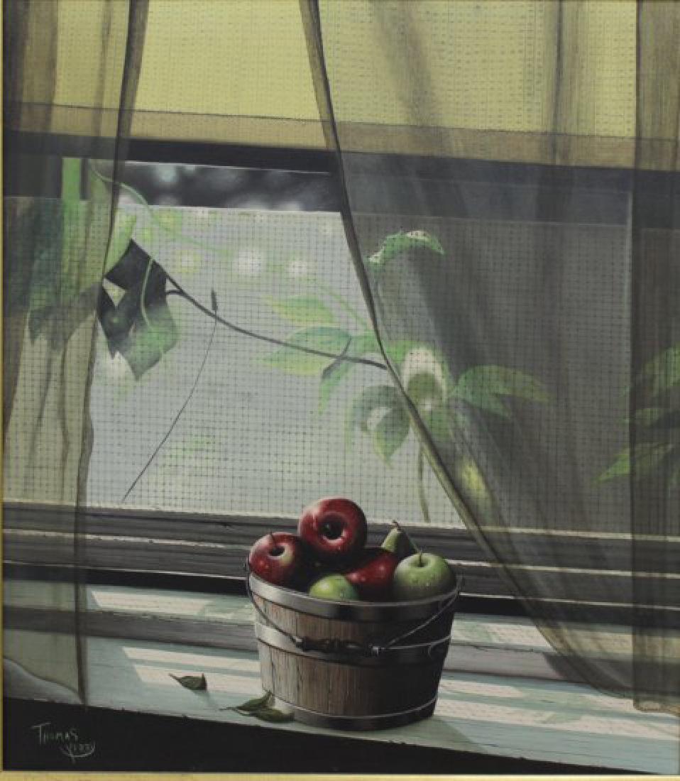 Thomas Kerry, Apples in a Basket: Oil on canvas. Gilt framed. Signed lower left. Approx. 34" H x 30" W canvas, 37" H x 32" W framed.