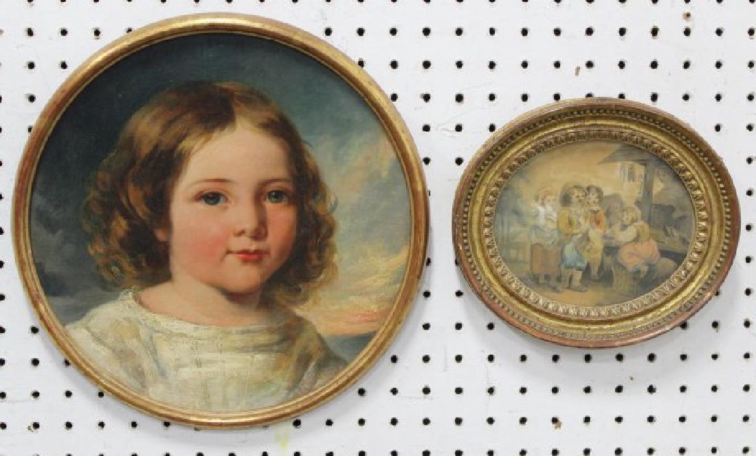 :A. Russell, 2 Works: Portrait of young child, oil on board, signed and dated 1855 lower right, approx. 11 1/2" diameter; and small pen, ink, & watercolor of child musicians, 19th century, giltwood frame, approx. 5" H x 8"
