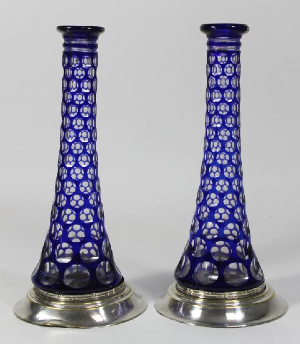 Pair Cobalt Cut to Clear Glass Candlesticks (1 of 3)