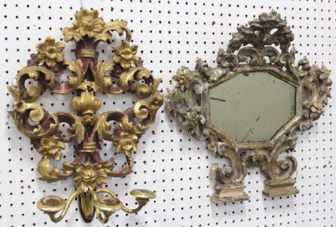 :Italian Carved Wood Mirror & Gilt Wood Sconce: Italian, Antique. Floral design. Approx. 20" H x 20" W.