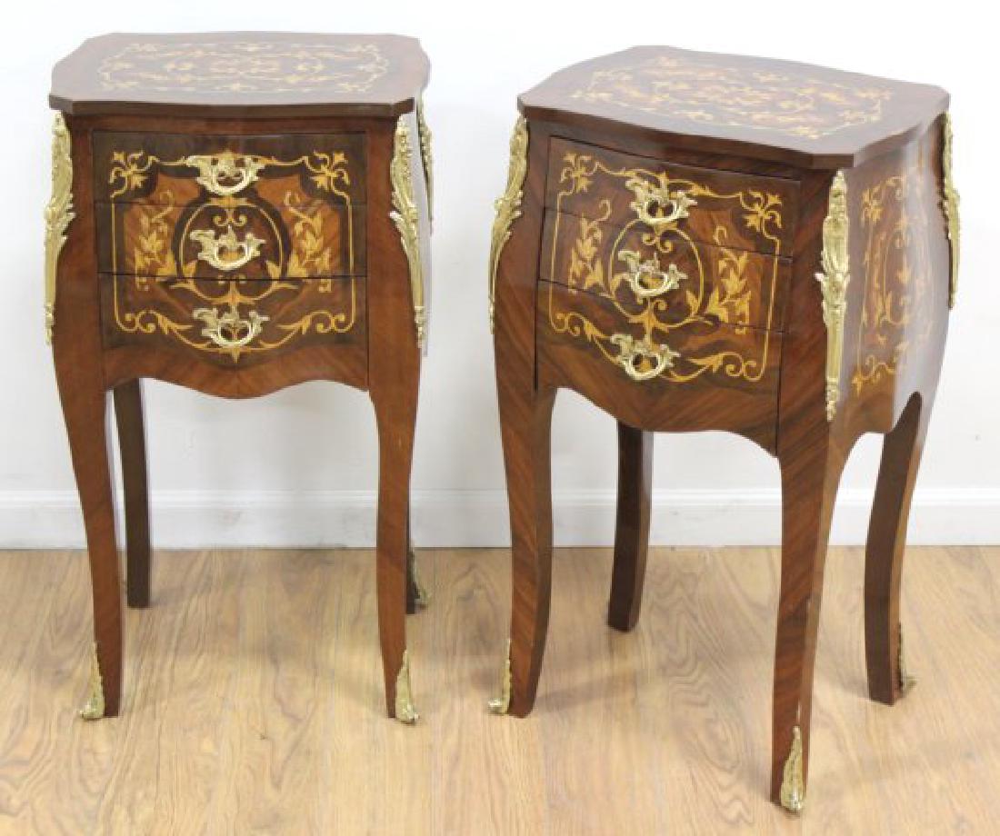 Pair 3-Drawer Bronze-Mounted Inlaid Nightstands: Contemporary. Approx. 30" H x 16 1/2" W x 13" D. 1 scratched.