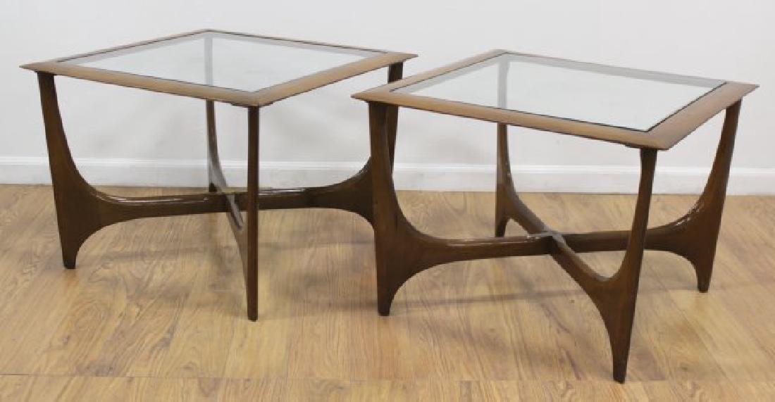 Pair Danish Style Lane Glass Top Modern Tables: Approx. 20" H x 26 3/4" square. (6061) Metal cap missing on base of one.