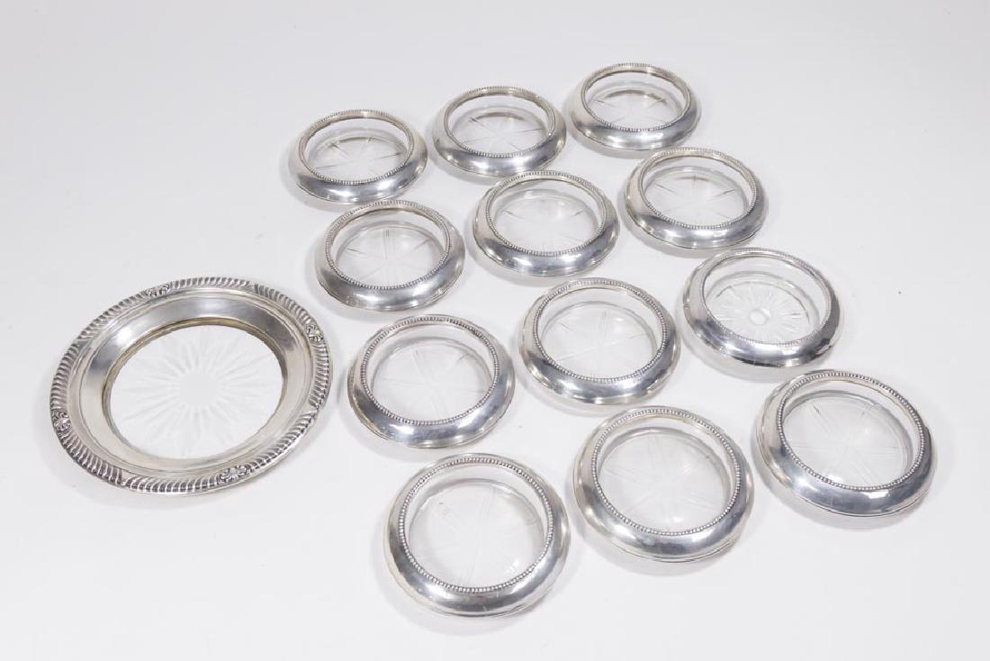 Lot 13 Sterling Silver & Glass Coasters: 12-3 3/4" and 1-6 1/4"