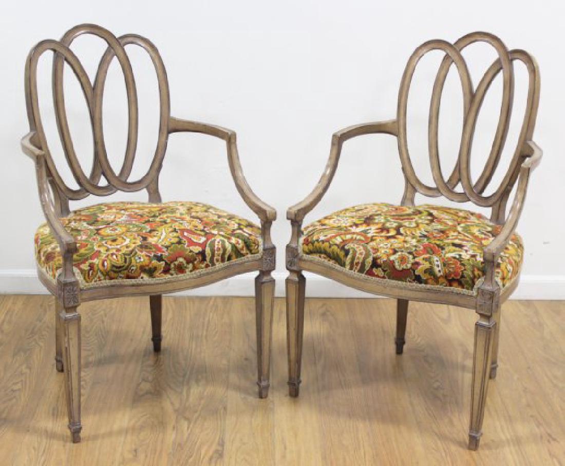 Pair Ribbon Front Fauteuils: Circa 1950s. Needlepoint seats. Distressed finish. Approx. 37 1/2" H x 22" W. Wear to finish.