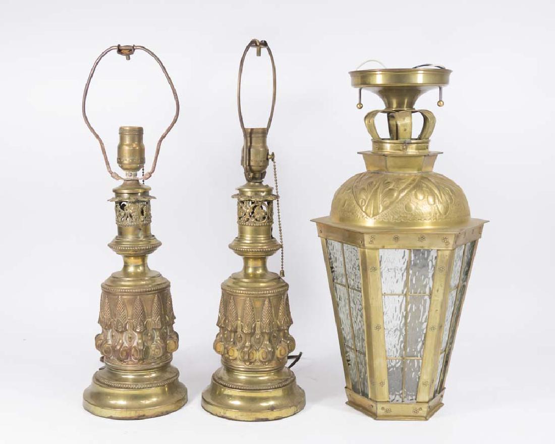 Pair Victorian Brass Oil Lamps & Lantern (1 of 5)