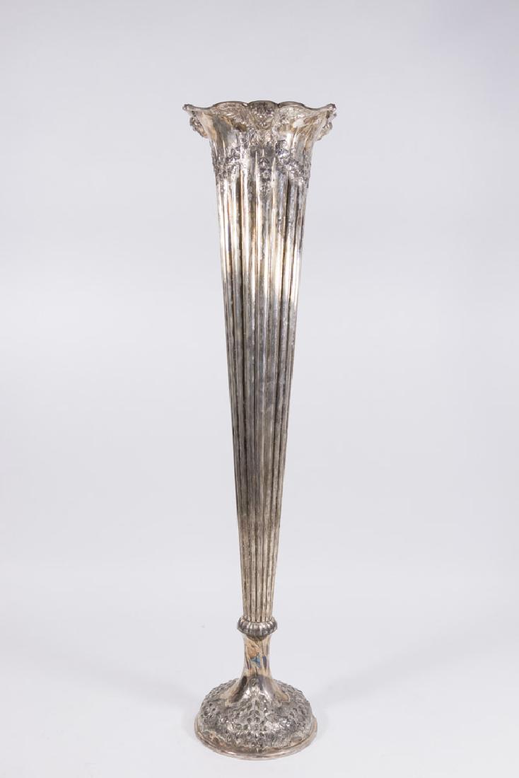 19th Century Continental Silverplate Trumpet Vase: Oxidized finish. Approx. 29 1/4" H. From an Edgewater, NJ estate. From an Edgewater, NJ estate. Oxidized finish. Very slight denting primarily on base of foot.