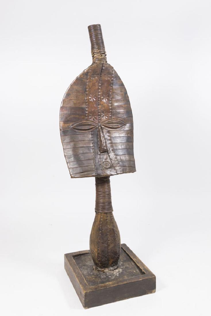 African Metal Bust on Wood Base: Approx. 22" H total.