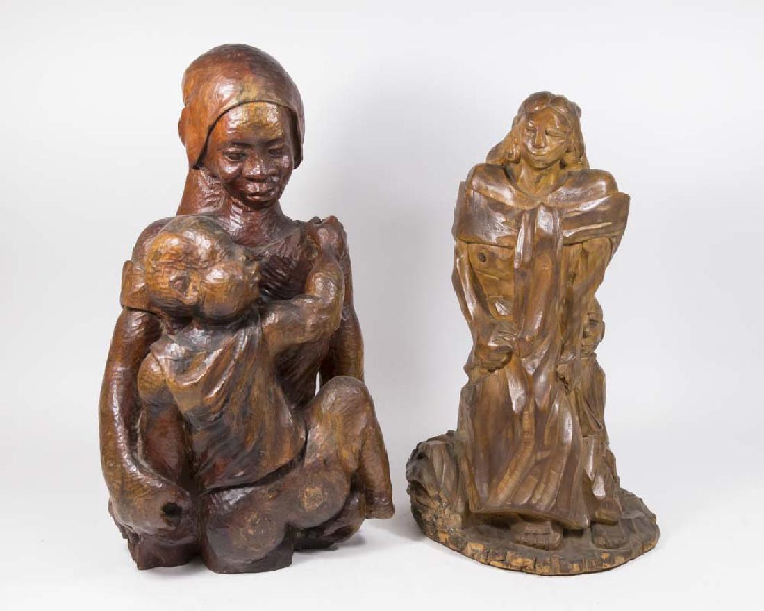 2 Wood Sculptures: One Haitian, Mother & Child, sign Raymond; and one Latin American, Mother & Children, signed Juan M. Lopez, 1950. Approx. 18" and 18 1/2"H