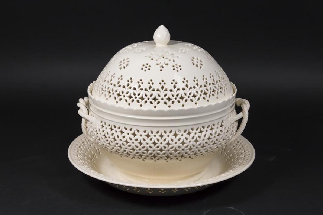 Royal Creamware Covered Tureen & Underplate: Open reticulated design. Tureen Approx. 10"H x 9 3/4"D, Underplate 13"D.