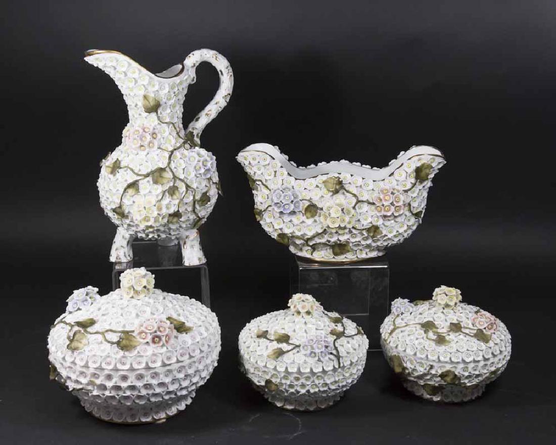 5 Schneeballen Serving Pieces: Including 3 covered bowls, boat, and pitcher. Largest approx. 11 1/4" H. From an Edgewater, NJ estate. Light chips throughout.