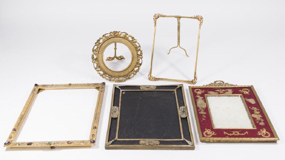 5 Continental Gilt Metal & Bronze Frames: 1 circular, 4 rectangular. 1 jewelled. Largest approx. 11" H. From an Edgewater, NJ estate. Some losses and dents.