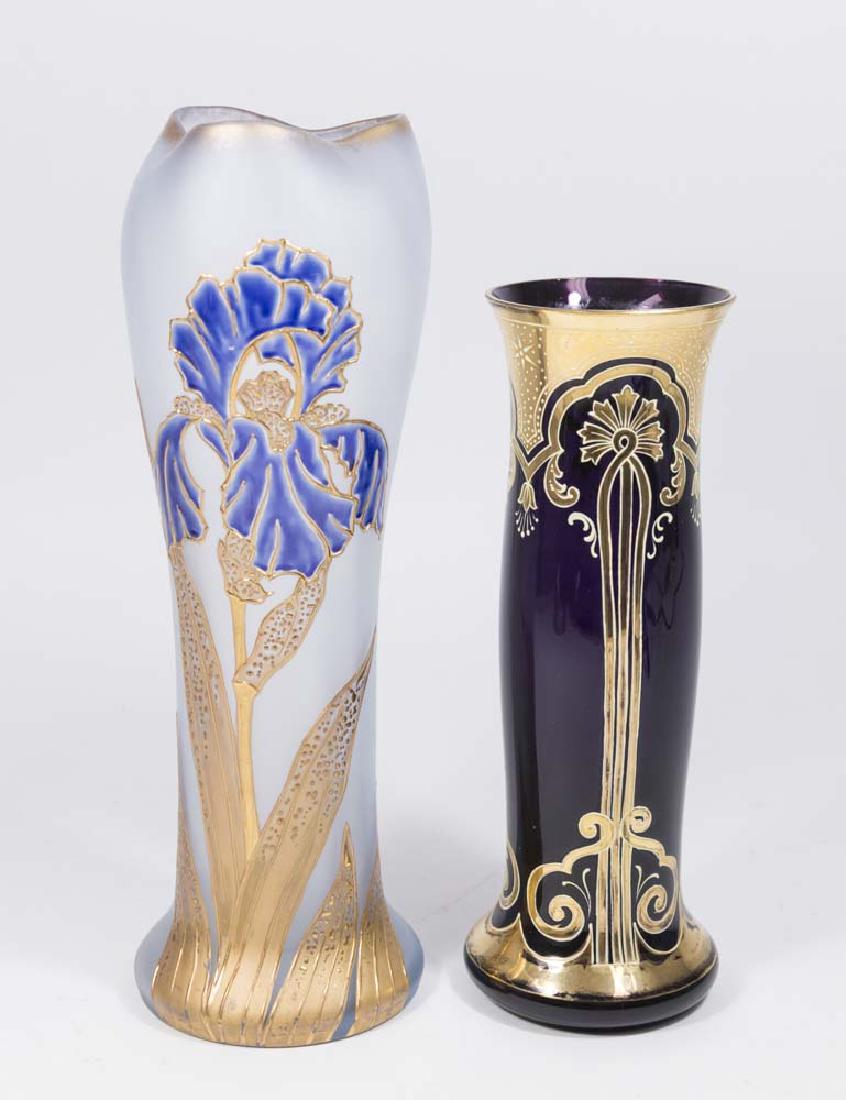 Art Glass & Enamel Vase & Art Nouveau Vase: Art glass & enamel vase with iris decoration, Pontil on bottom, possibly Montjoie. Approx. 13 1/2" H. Art nouveau amethyst glass vase with gilt decoration, approx. 10 1/8" H. From an Edgewater, NJ est