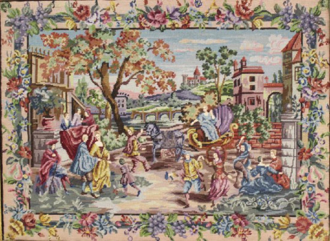 Needlepoint, European Garden Scene: With dancing figures. Approx. 29" H x 39" W sight, 34" H x 44" W framed. From an Edgewater, NJ estate.
