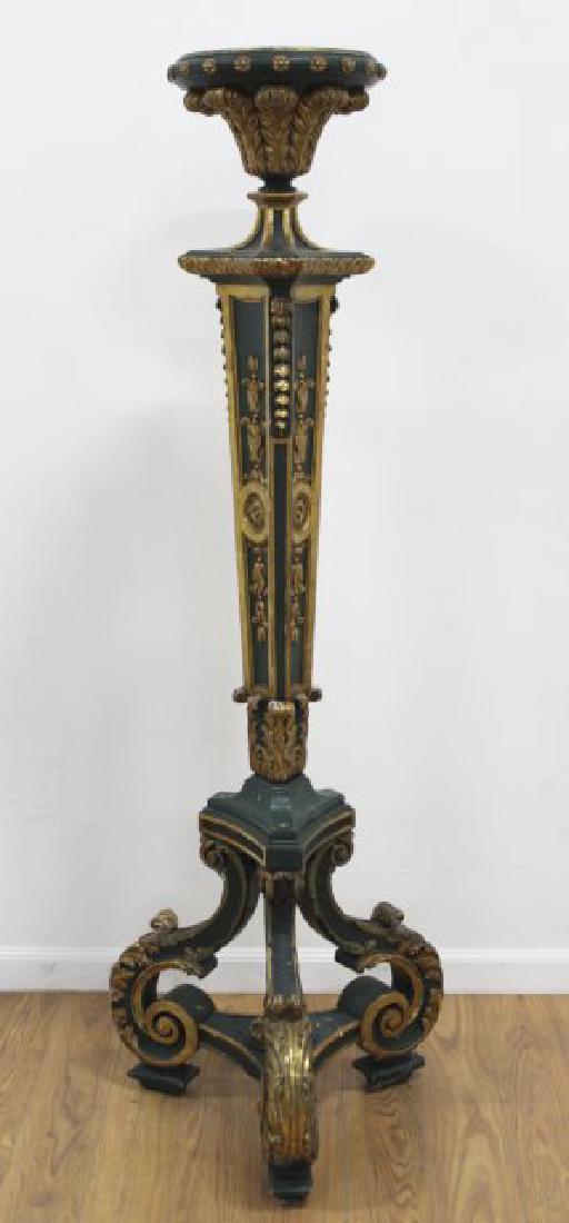 Parcel Gilt Green Painted Pedestal: Approx. 62 3/4" H x 10 1/2" diameter. From an Edgewater, NJ estate. Chips throughout. Top cut out for light fixture.