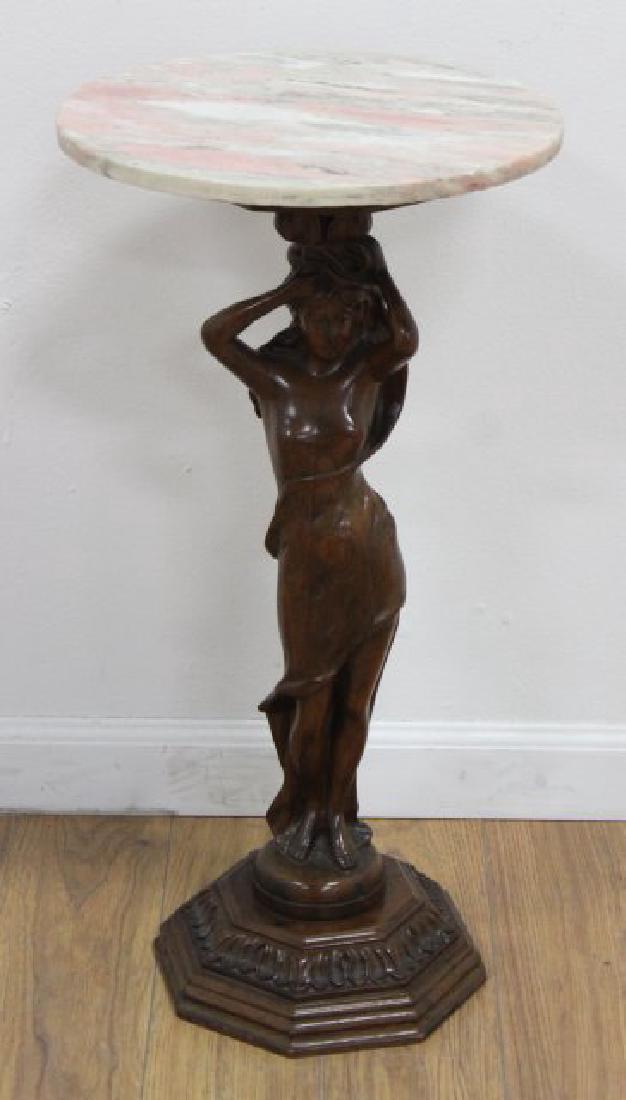 Carved Wood Pedestal with Marble Top: Classical maiden. Approx. 25" H. From an Edgewater, NJ estate.