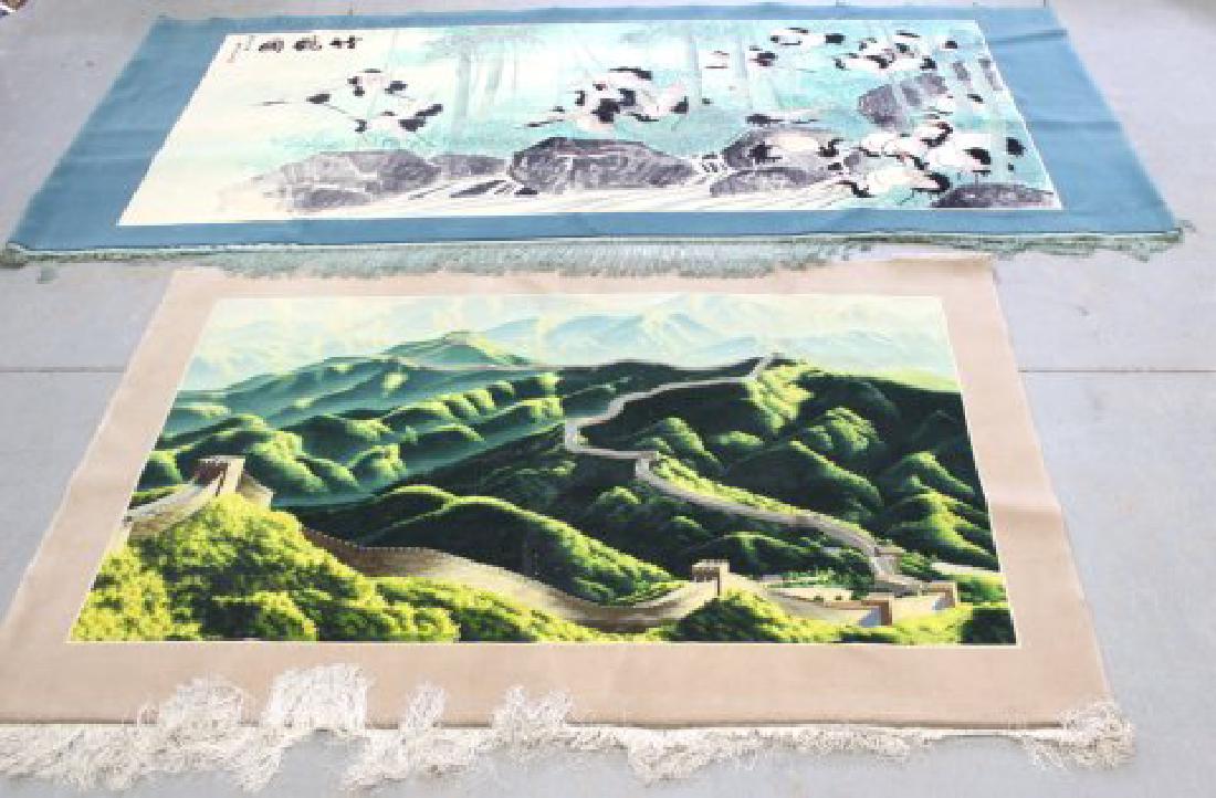 2 Chinese Scenic Rugs: One with flying cranes, approx. 6 1/4' x 13'10"; and one with Great Wall of China.