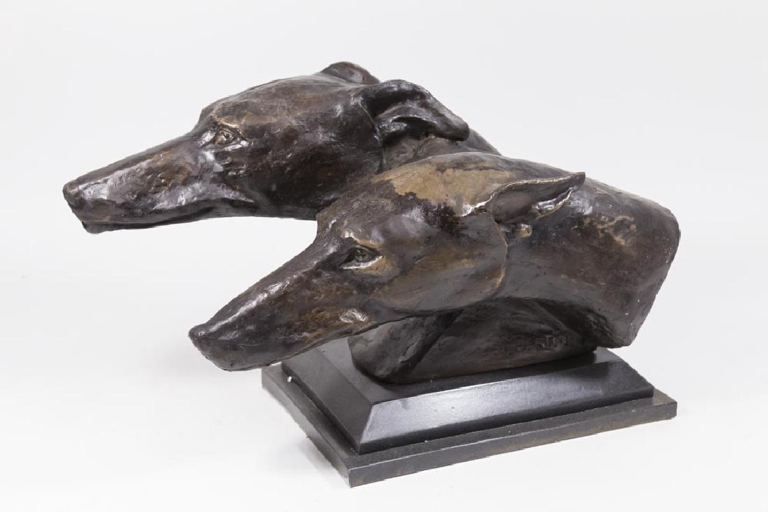 Sculpture of 2 Greyhound Heads: Contemporary. Bronzed finish. Modeled after L. Bertin. Approx. 11" H with base.