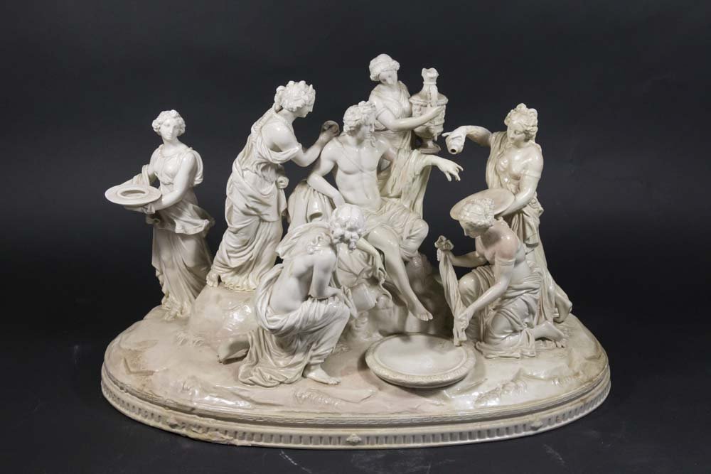 French Porcelain Grouping, Greek Scene: Approx. 15" H x 18" W x 11" D. Some repairs.