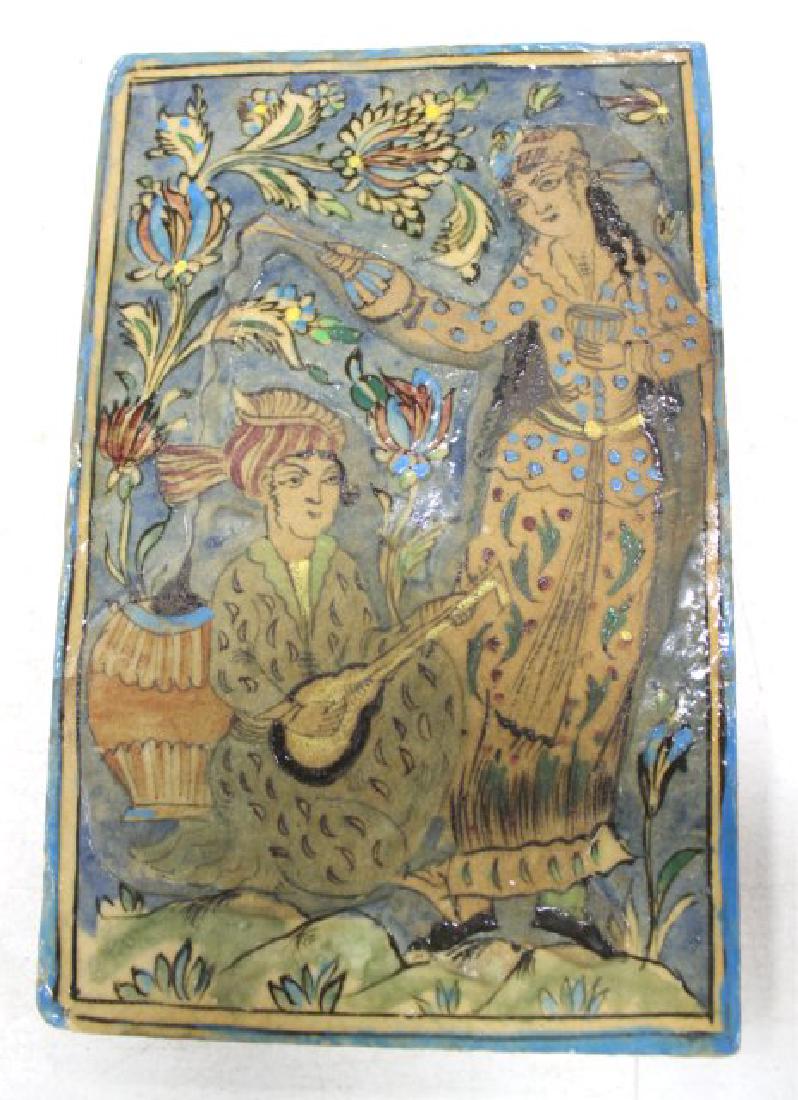 Persian Painted Tile, Musicians: Approx. 15" H x 10" W.