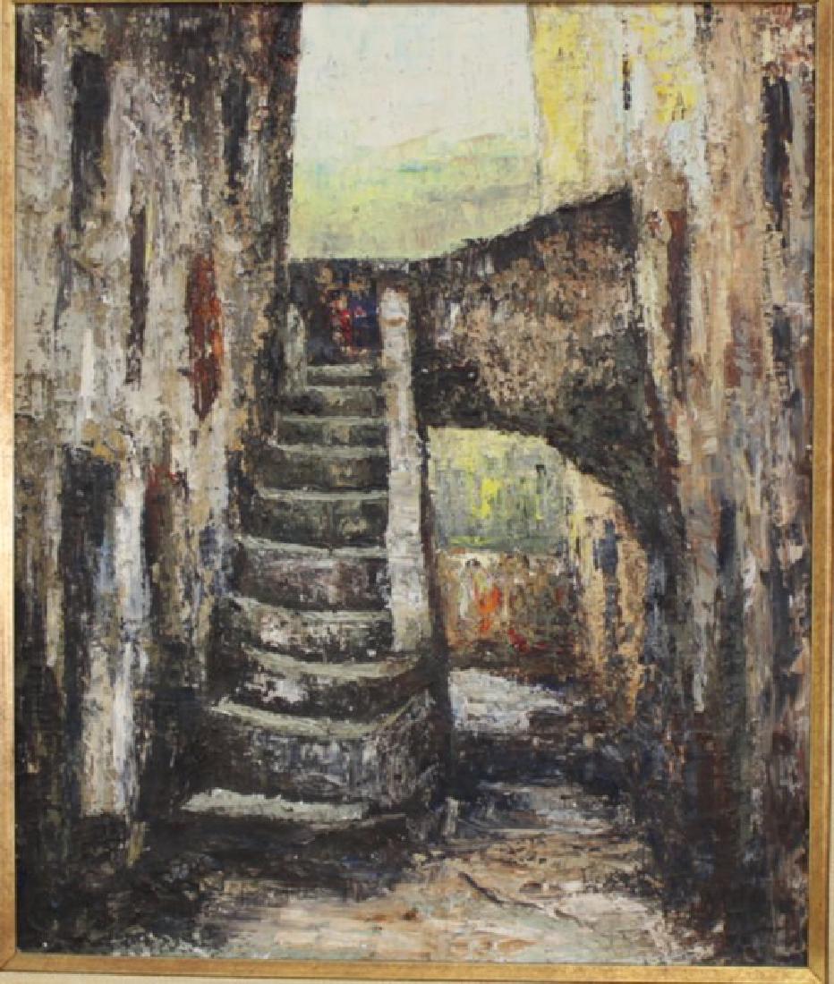 Fred Witte, Street Scene of Tourette Sur Loup: Oil on canvas. 1964. Approx. 22" H x 18" W sight, 27" H x 24" W framed.