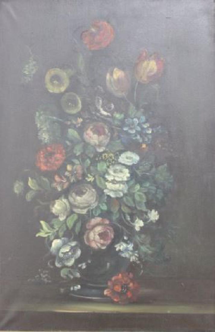 :Floral Still Life: Oil on canvas. 20th century. Approx. 35" H x 23" W sight, 42" H x 31" W framed. From the estate of Carol Firestone, New York, NY.