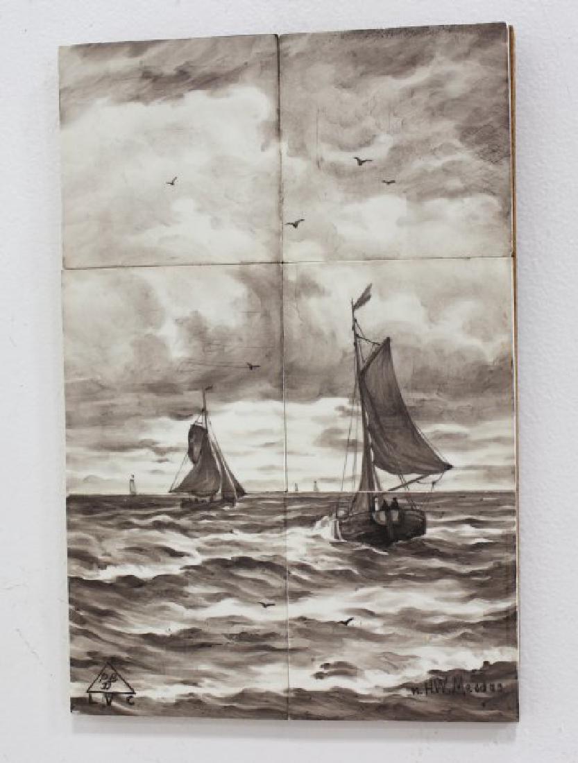 H.W. Mesdag, Sailing Boats: Ceramic tiles. Signed lower right, H.W. Mesdag. Maker's mark lower left. Approx. 17 1/2" H x 11 1/2" W. From an Edgewater, NJ estate.