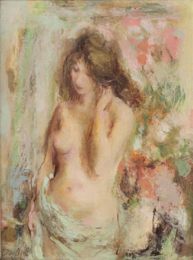 Wallace Bassford, "Quiet Nude": Oil on canvas. Signed, titled, and dated 1965 rear. Approx. 12" H x 9" W unframed, 20 1/2" H x 17 1/2" W framed. (6055)