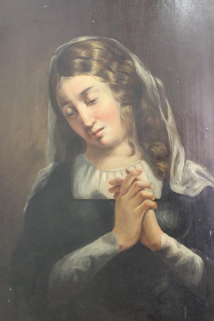 Madonna: Oil on wood panel. Wax seal on back. Approx. 27" H x 21 1/2" W sight, 29 1/2" H x 24 1/2" W framed.