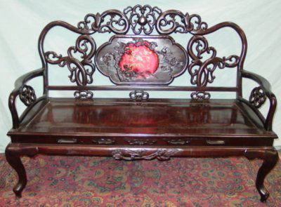 MAHOGANY CHINESE BENCH WITH EMBROIDERED BACK: BENCH. CHINESE MAHOGANY BENCH WITH EMBROIDERED CENTRAL BACK WITH BIRDS CA. 1940'S