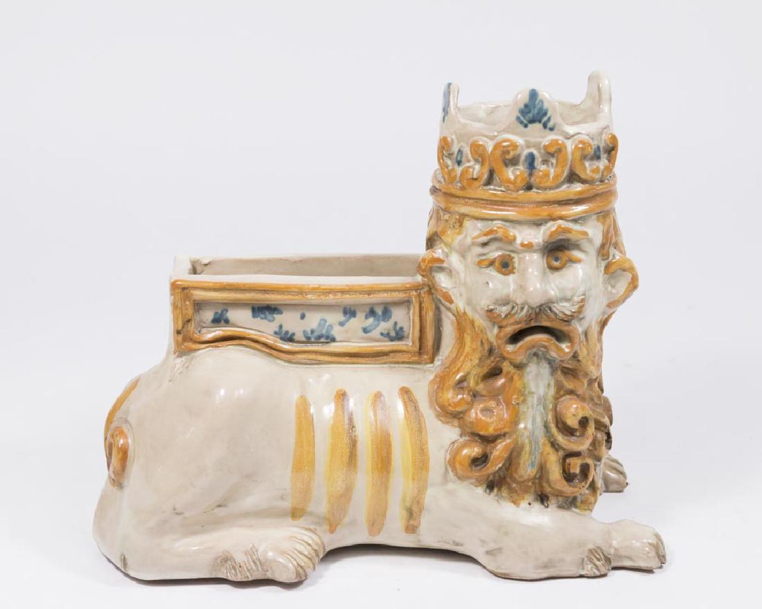 Pottery Planter Lion with Crown: Artist signed. Approx. 8" H x 8" W x 4 1/2" D. (6090) Firing crack in crown.