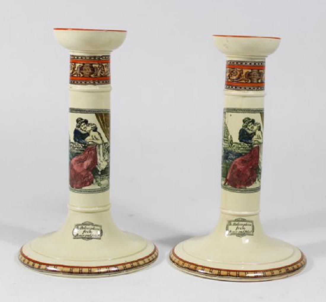Pair Adams Pottery Shakespeare Candlesticks: Romeo & Juliet. Approx. 8" H. (6095)