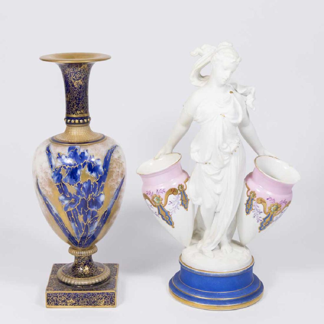 Doulton Handpainted Vase & Classical Woman: Vase approx. 10 1/4" H. Classical woman with 2 urns, approx. 11" H. (6084)