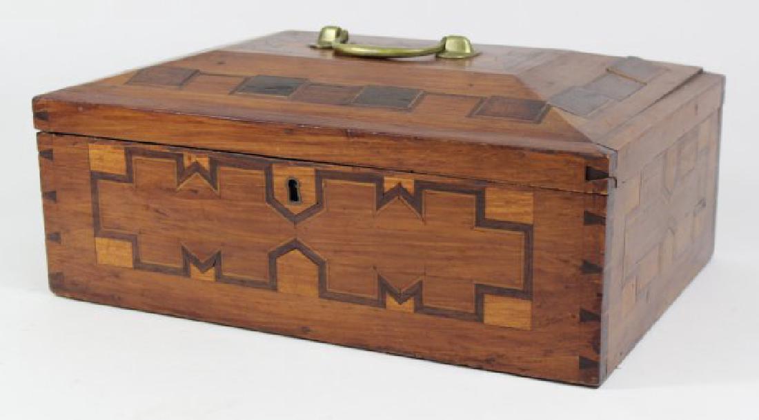 Inlaid Box with Handle on Top: Approx. 5 1/2" H x 13 1/4" W x 9 1/2" D. (6095)