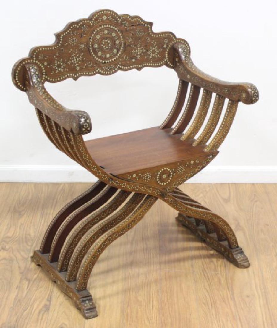 Syrian Curule Form Bone Inlaid Armchair: Approx. 36" H x 27 1/2" W x 19 1/2" D. Old repairs.