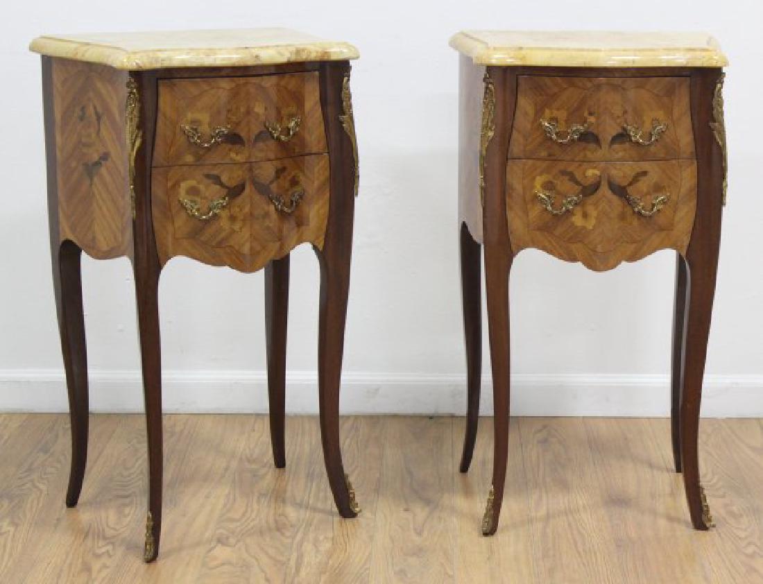 Pair French Inlaid Marble Top Small Commodes (1 of 4)