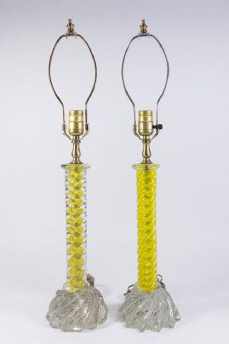 :Pair Yellow to Clear Murano Glass Lamps: Twist column. Approx. 27" H to finial.