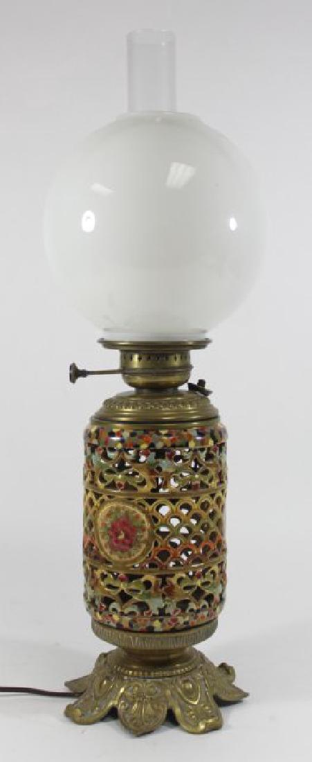Possibly Zsolnay Hungarian Open Reticulated Vase: Mounted as oil lamp. Electrified. Vase approx. 8" H. Overall 18" H up to light. (6095)