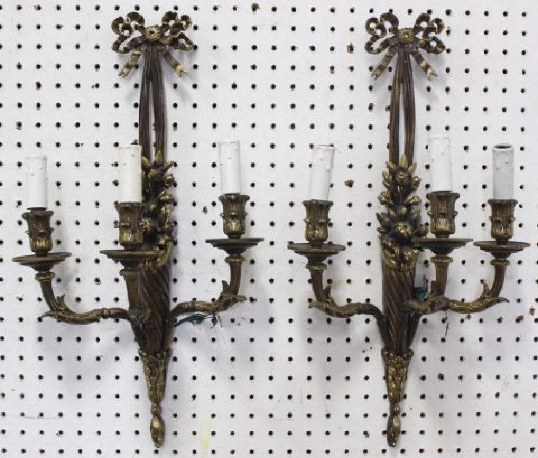 Pair 2-Arm Bronze Bowknot Sconces: Made in France. Leaf and fruit design. Approx. 22 1/4" L.