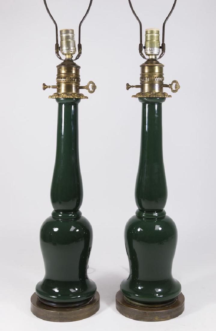 Pair Green Glass Column Lamps (1 of 3)