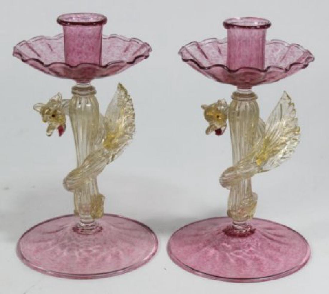 Pair Venetian Gilt Pink & Clear Glass Candlesticks (1 of 5)