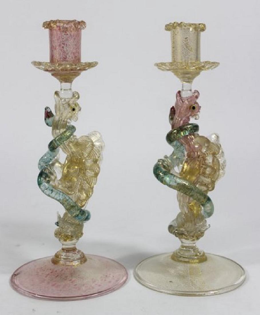 Pair Venetian Gilt Pink & Green Glass Candlesticks (1 of 4)