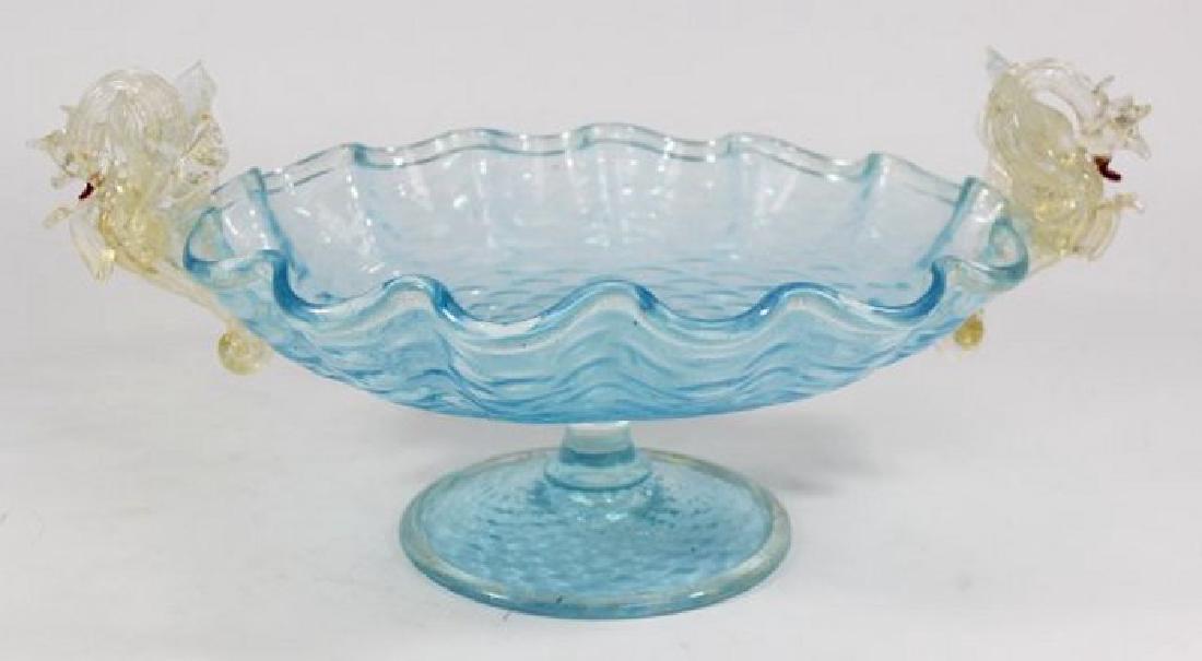 Venetian Gilt Sky Blue Glass Centerpiece: Late 19th/early 20th century. Attributed to Salviati & C. Artisti Barovier or Fratelli Toso. Dragon motif. Approx. 7 3/4" H x 18" W. From a NY estate. (6092) Good condition.