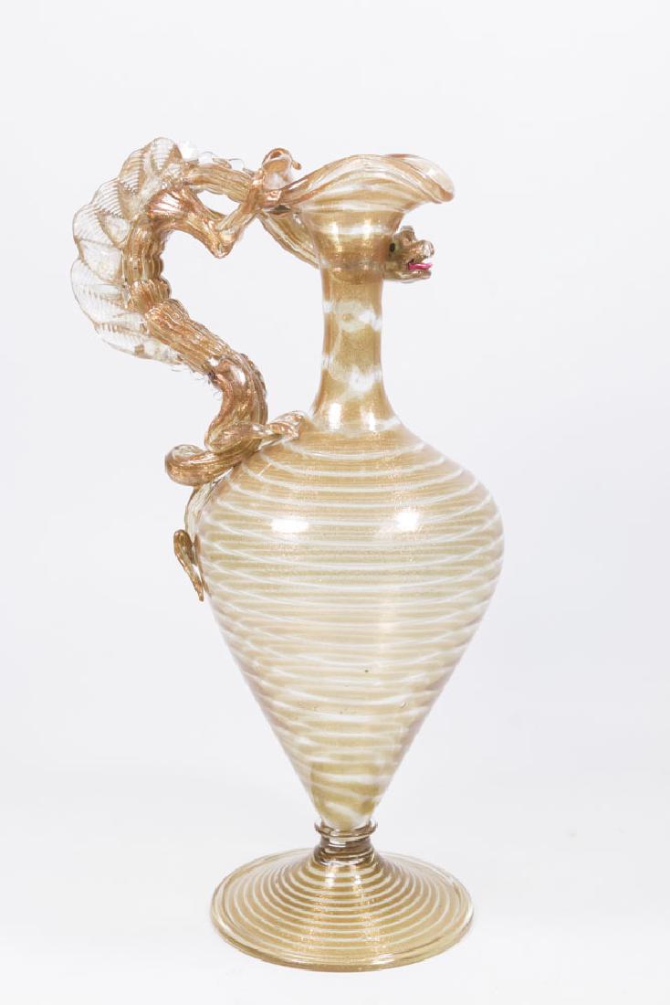 Venetian Swirl Aventurine Glass Dragon Ewer: Late 19th/early 20th century. Attributed to Saviati Dott. Antonio. Approx. 14 1/2" H. From a NY estate. (6092) Good condition.