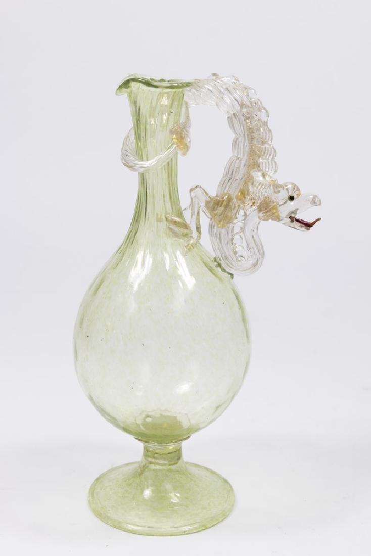 Venetian Gilt Green & Clear Glass Dragon Ewer: Late 19th/early 20th century. Attributed to Salviati & C. Artisti Barovier or Fratelli Toso. Approx. 9 1/4" H. From a NY estate. (6092) Good condition.