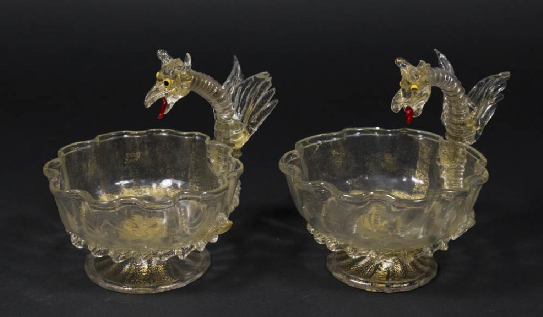 Pair Venetian Gilt Clear Glass Dragon Coupes: Late 19th/early 20th century. Attributed to Salviati & C. Artisti Barovier or Fratelli Toso. Approx. 4 3/4" H. From a NY estate. (6092) Good condition.
