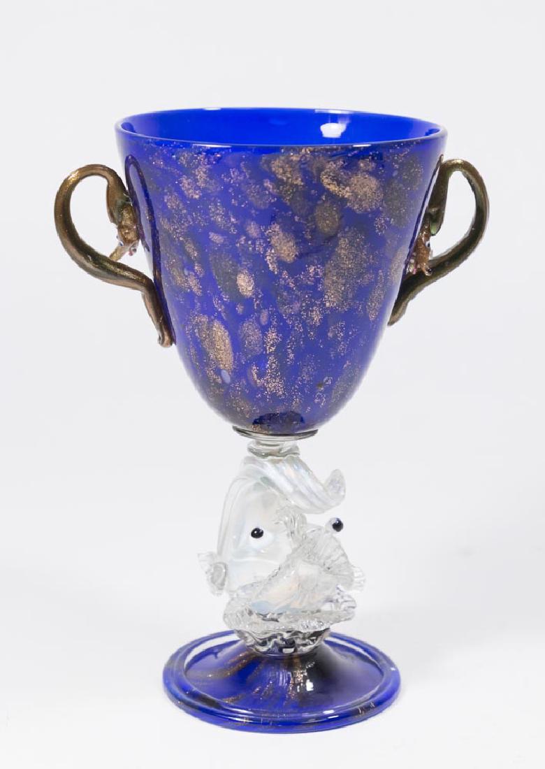 Venetian Gilt Cobalt & Aventurine Glass Coupe: Late 19th/early 20th century. Attributed to Saviati Dott. Antonio. Dolphin and serpent motif. Approx. 7" H. From a NY estate. (6092) Good condition.